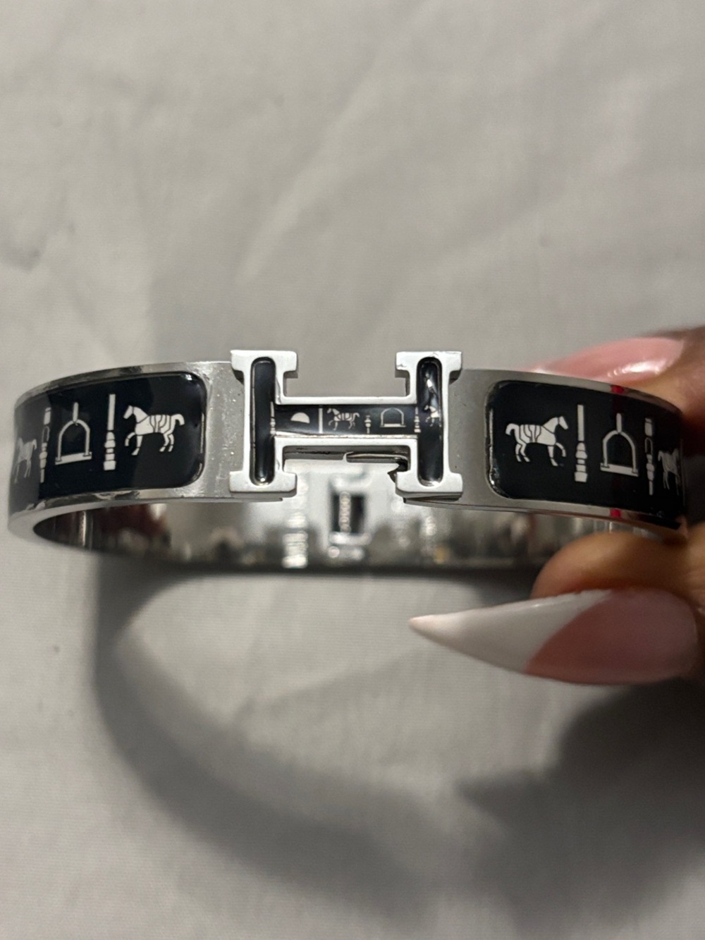 Hermes Silver H Cuff Bracelet with Black Enamel Horse Motif